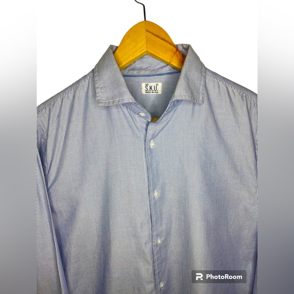Save Khaki blue & white pinstripe button down shirt, men’s XS